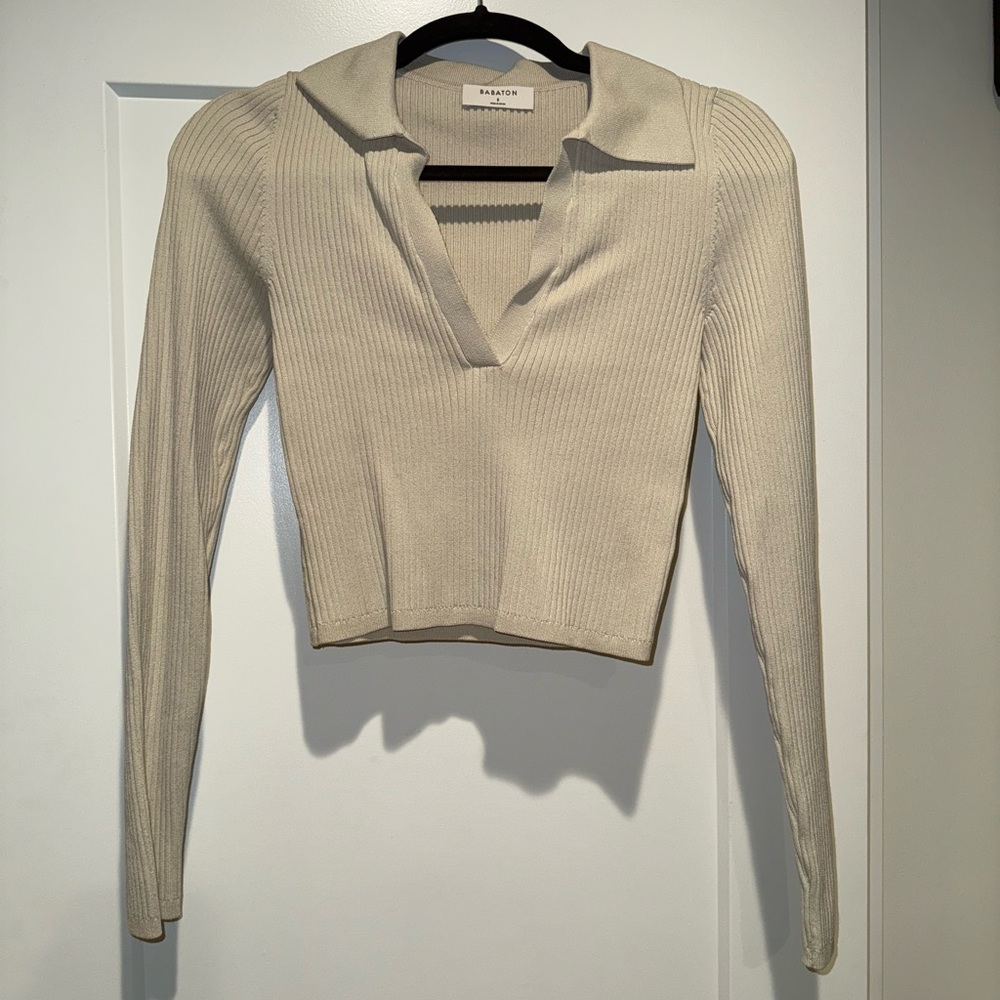 Babaton Tan Cream Sculpt Knit Polo Crop